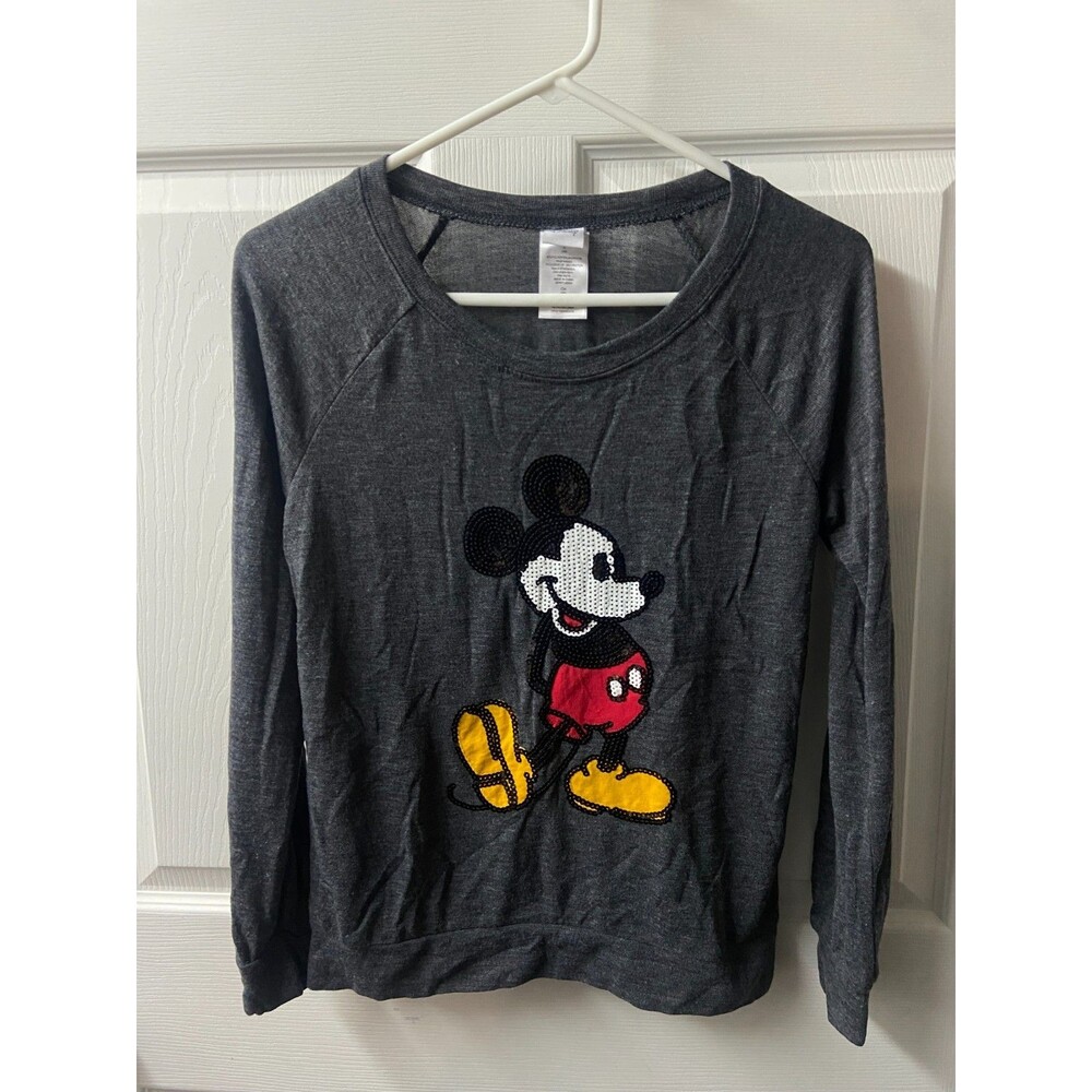 Crew Neck Sweater Juniors small Sequined  Long Sleeve Gray Disney Mickey Mouse